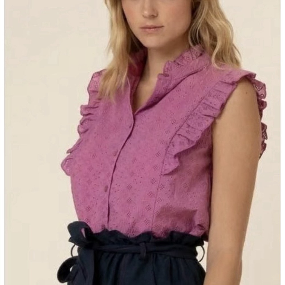FRNCH SELINA‎ VIOLET SHIRT Eyelet Ruffle Size Medium Sleeveless Button Up